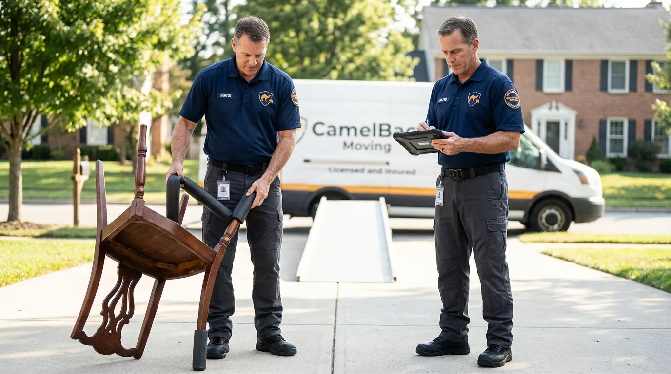 Movers inspecting furniture for damage prevention before loading in Perkasie, PA